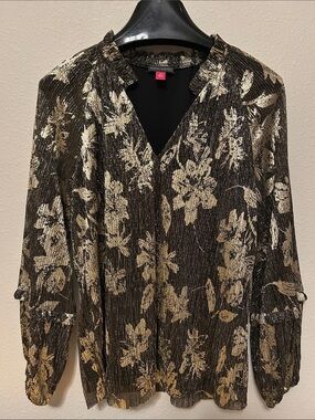 Vince Camuto Black Blouse with Gold Floral Metallic Print